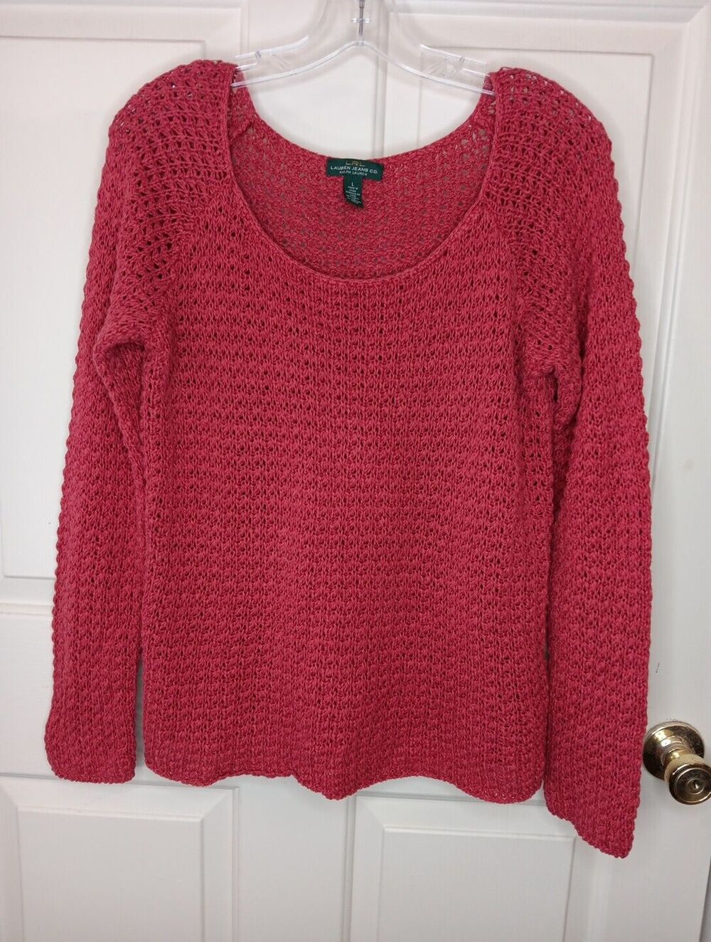 Lauren Ralph Lauren Sweater Women Large Red Open Knit Linen Blend Scoop Neck EUC